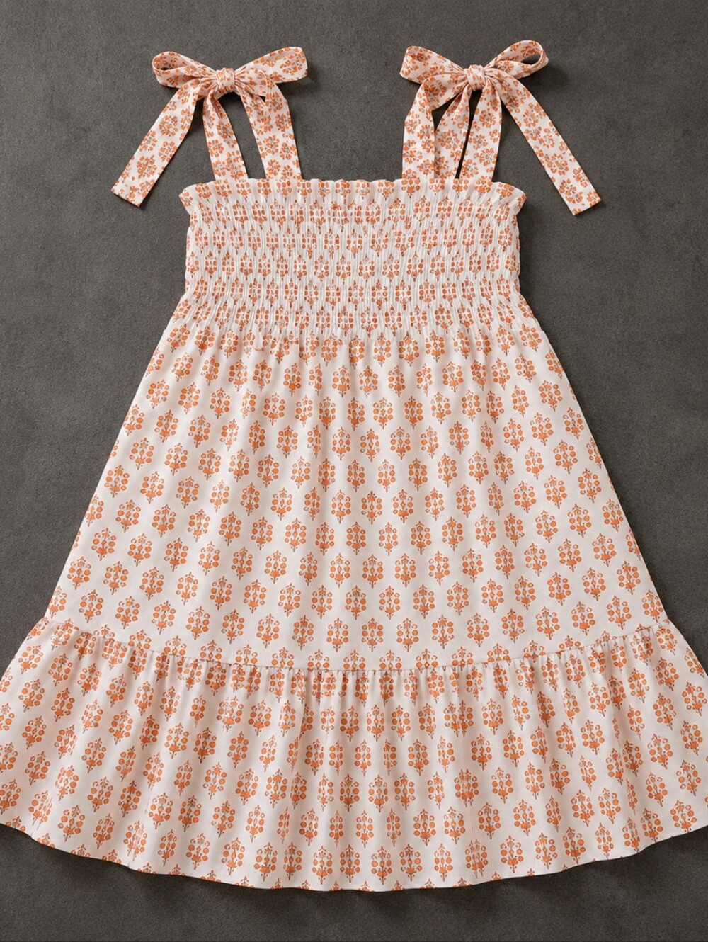 Blu Pepper Girl's Boho Smocked Sundress Tie Strap Tiered Orange Dress Size Small